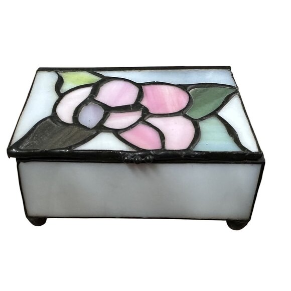 Vintage Small Floral Slag Glass Footed Trinket Box 1.75" Tall 1980s - Picture 1 of 7